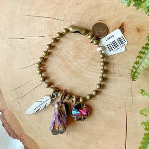 Gemelli Ball Chain Oil Slick Rainbow Stone Feather Gold Charm Bracelet